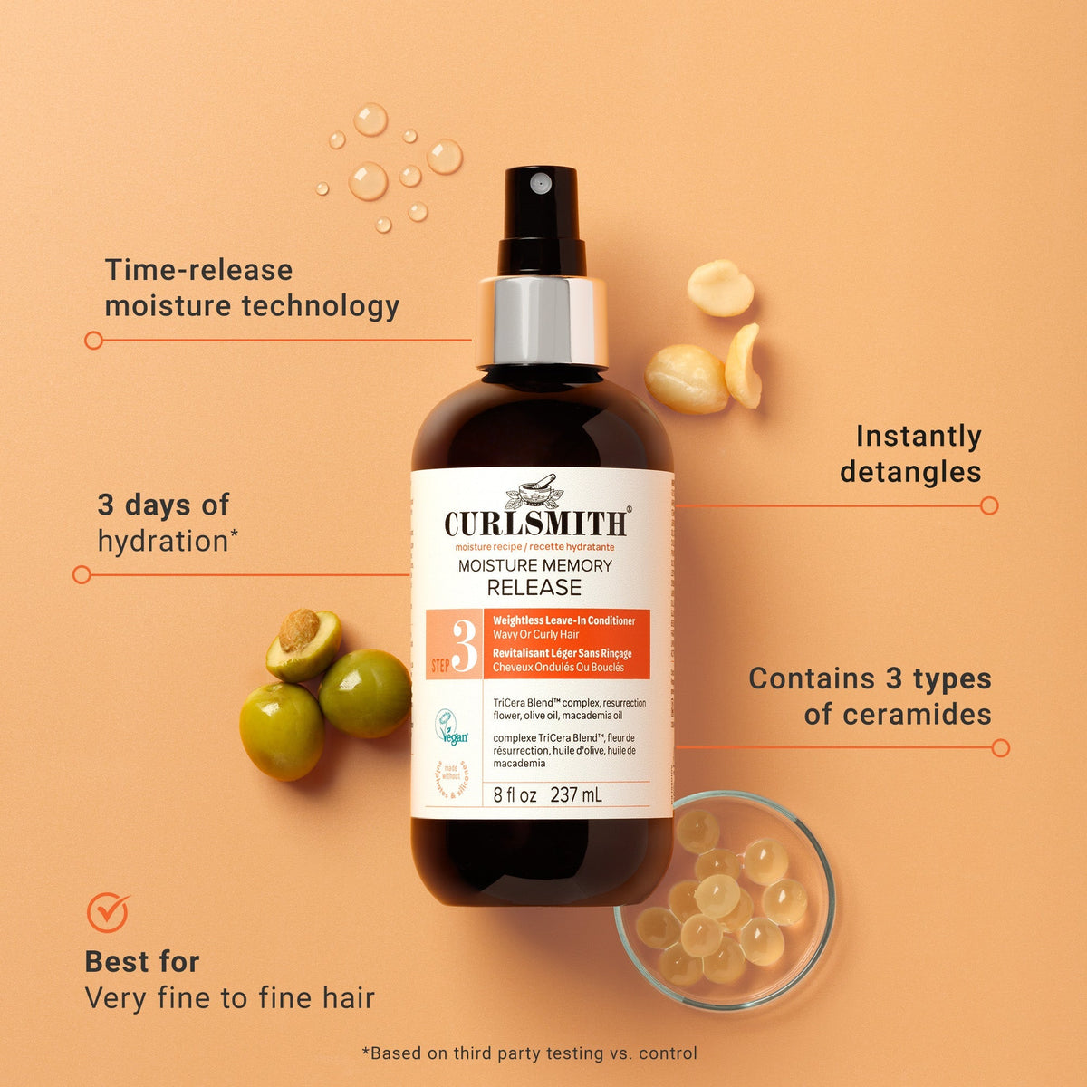 Curlsmith hair care product with features highlighted on an orange background