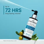 Curlsmith Root Boost Uplifting Spray bottle with olives and leaves on a blue background