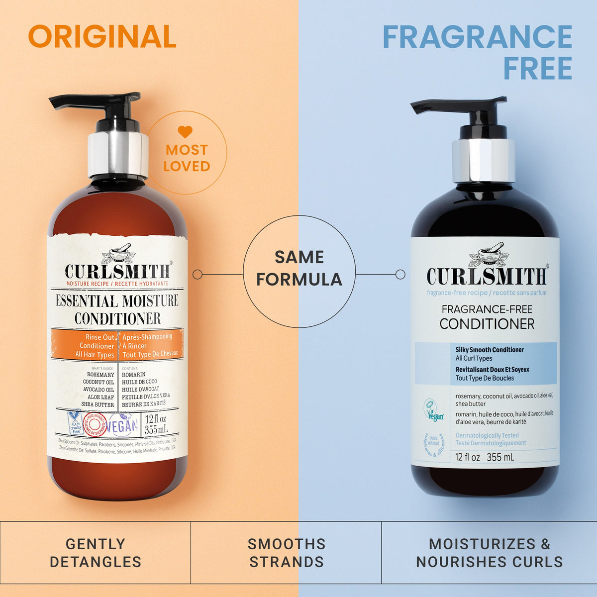 Two bottles of Curlsmith conditioner, one labeled 'Original' and the other 'Fragrance Free', on a split background.