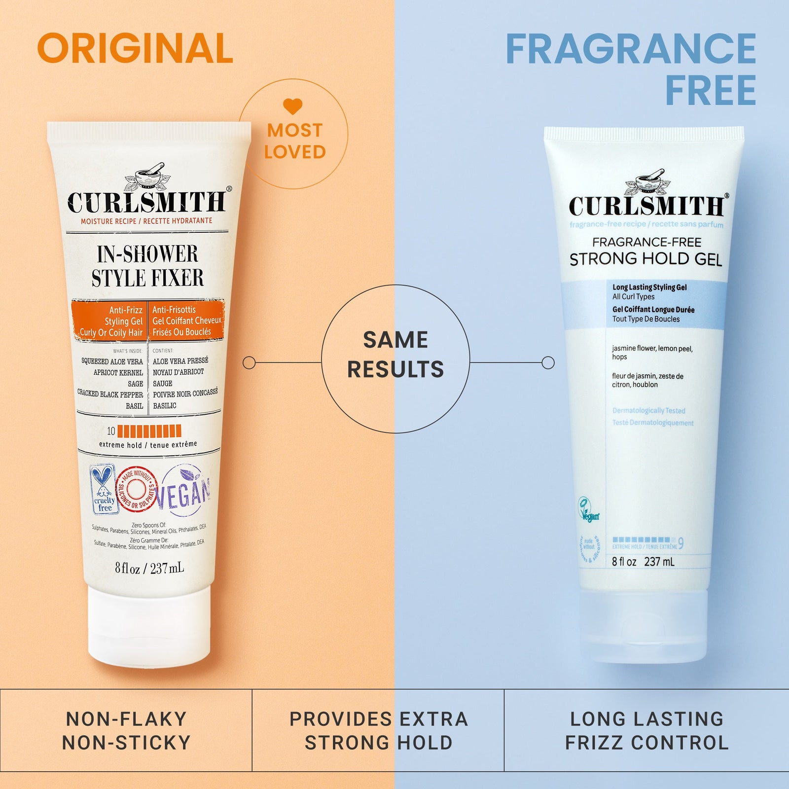 Two bottles of Curlsmith hair products on a split background, one labeled 'Original' and the other 'Fragrance Free'.